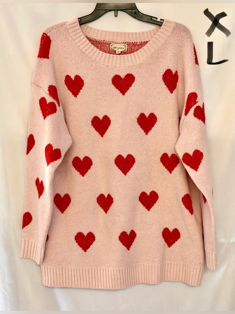 Pink Heart-Print Crewneck Sweater with Red Hearts